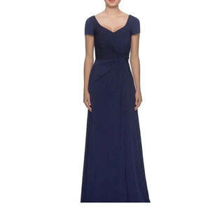 La Femme V-Neck Cap Sleeve Jersey Gown Ruching Navy Blue Formal Women’s 6
